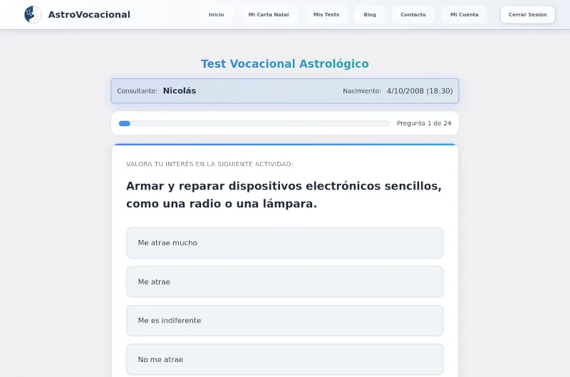 Interfaz del test Holland